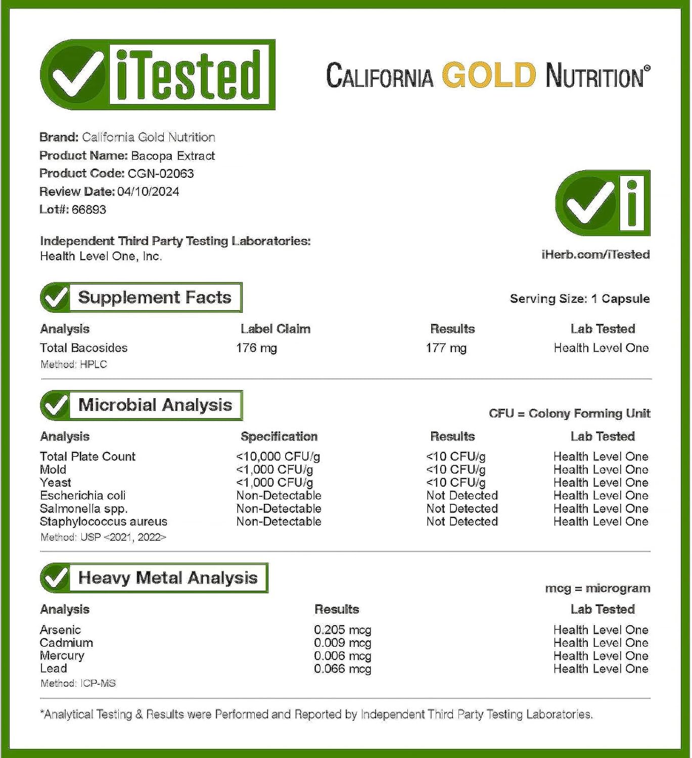 California Gold Nutrition Bacopa Memory Cognitive Extract 320 mg, 120 Veggie Caps - Galeri