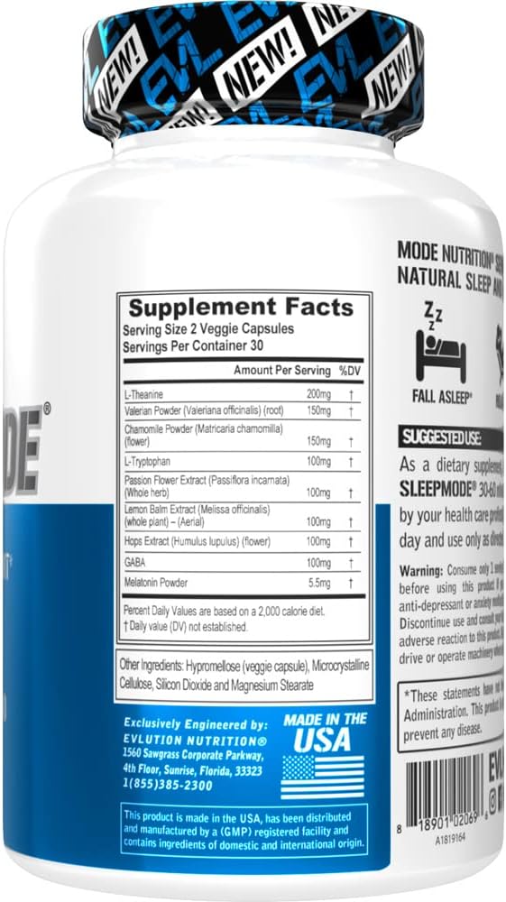 Evlution Nutrition Sleep Support Theanine Melatonin Gaba Valerian L-Tryptophan Lemon Balm and More - Restful Calm Caps - Galeri