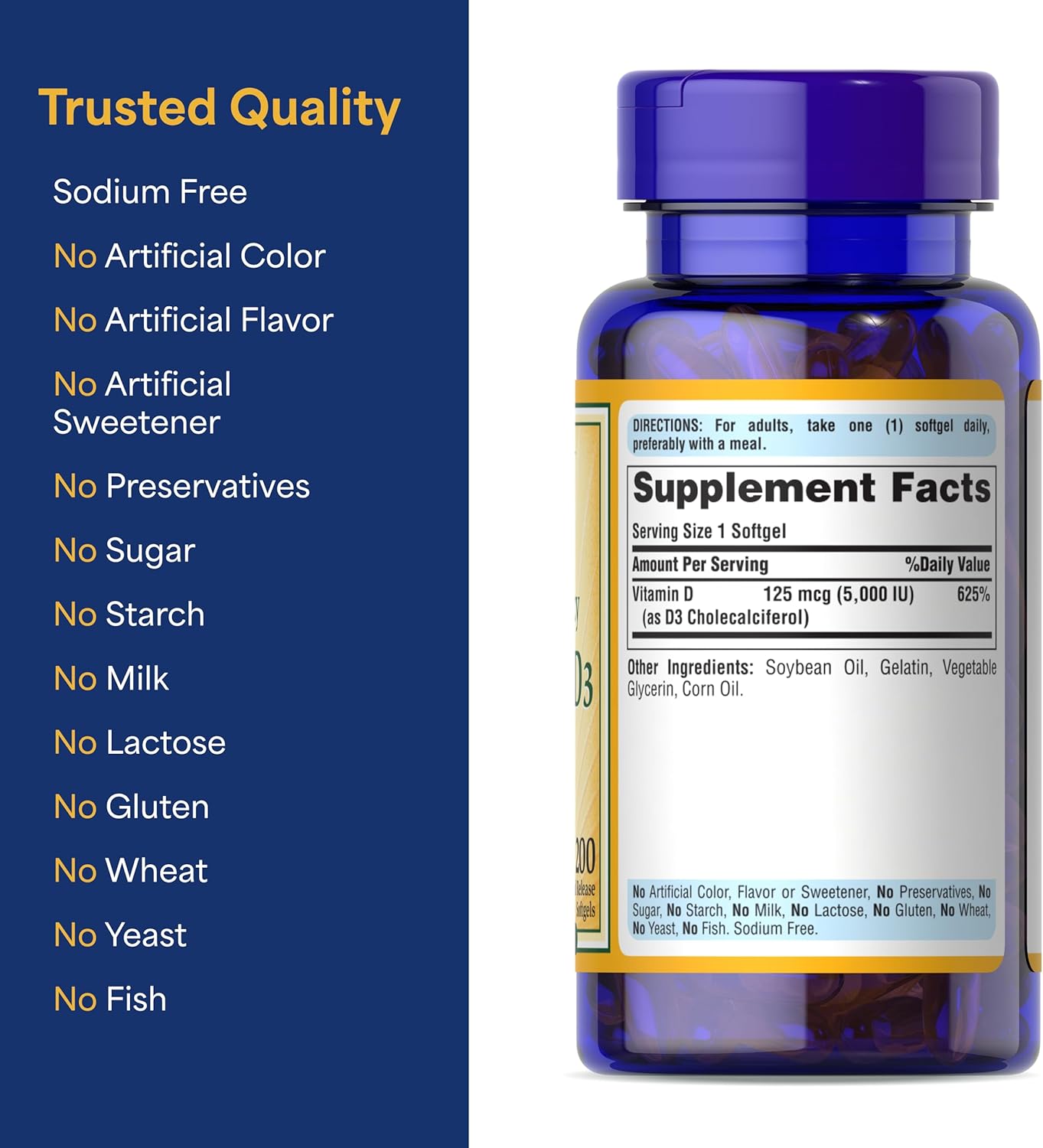 Puritan's Pride Vitamin D3 125 mcg 5000 IU 200 Softgels - Galeri