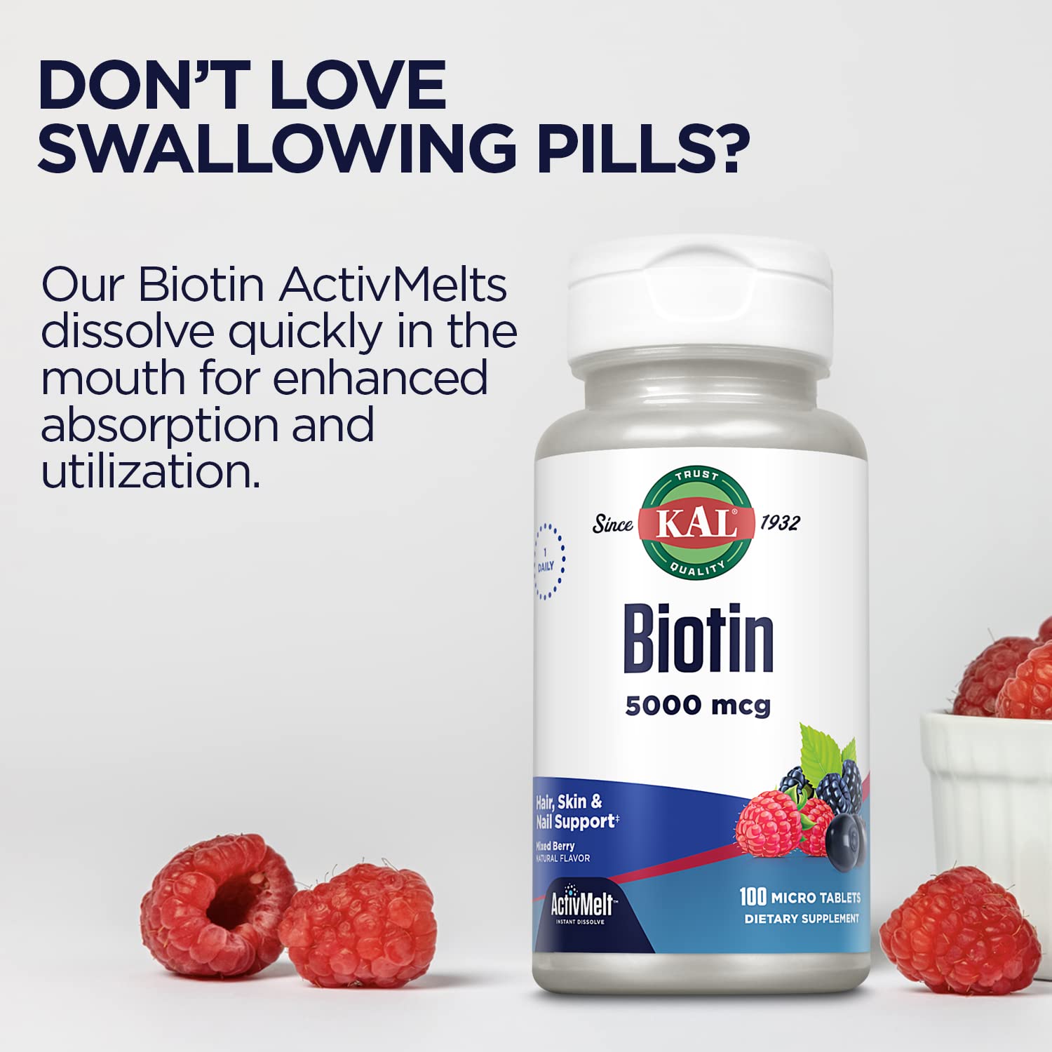 KAL, Biotin Mixed Berry 5,000 mcg 100 Micro Tablets - Galeri