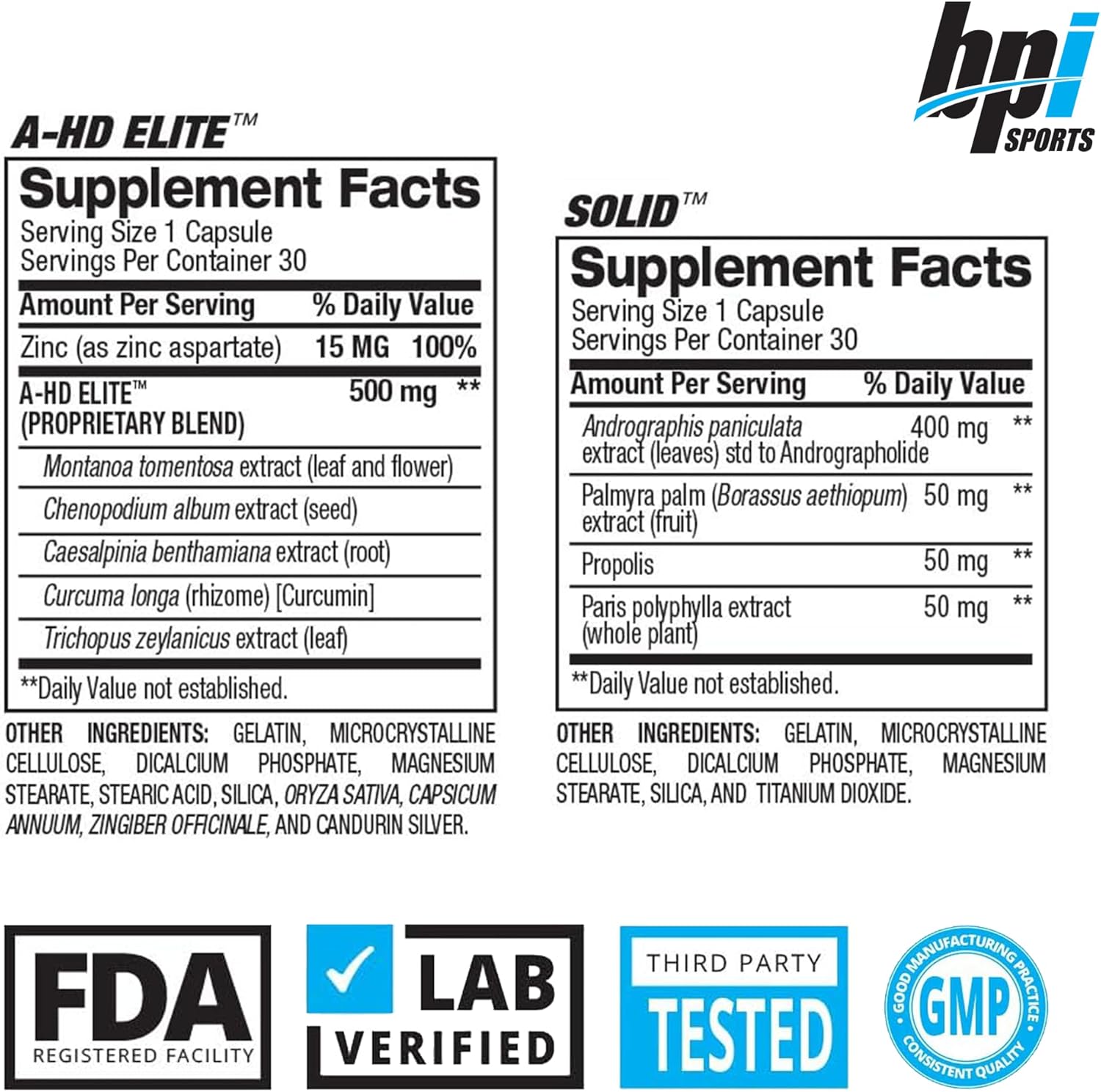 BPI Sports A-HD Elite/Solid Testo Booster for Men Strength Libido & Performance Support 30 Servis - Galeri