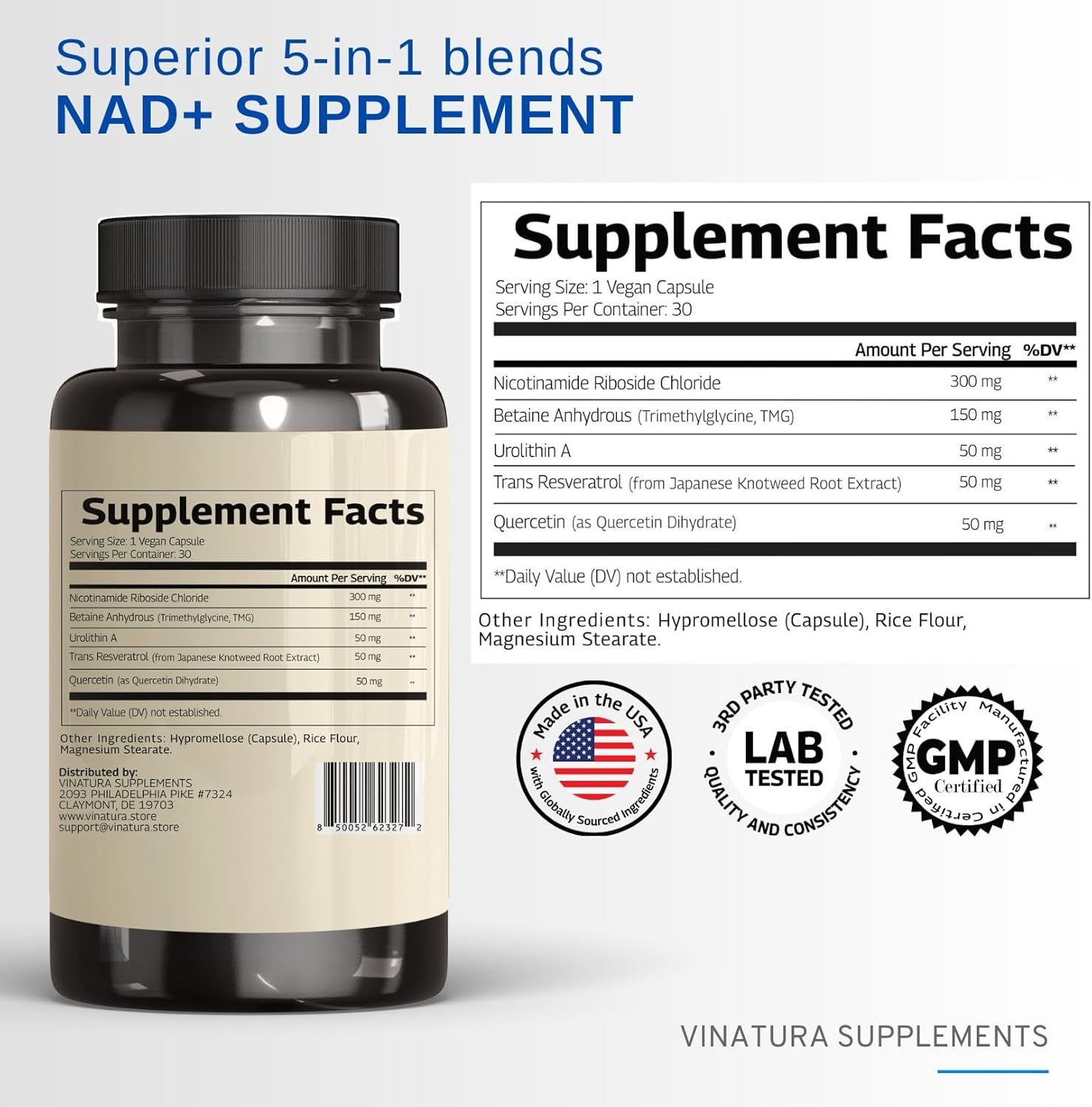 VINATURA NAD+ Nicotinamide Riboside Trans-Resveratrol TMG and Urolithin A Betaine 30 Vegan Caps - Galeri