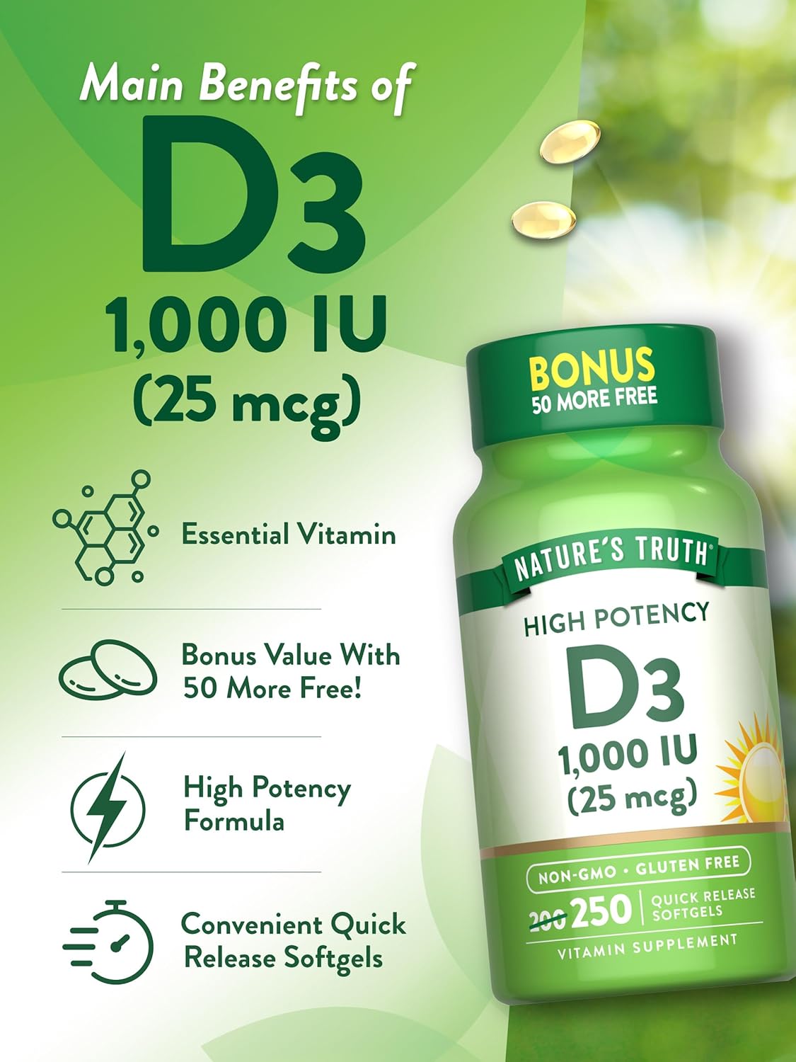 Nature's Truth, High Potency Vitamin D3, 25 mcg (1000 IU), 250 Quick Softgels - Galeri