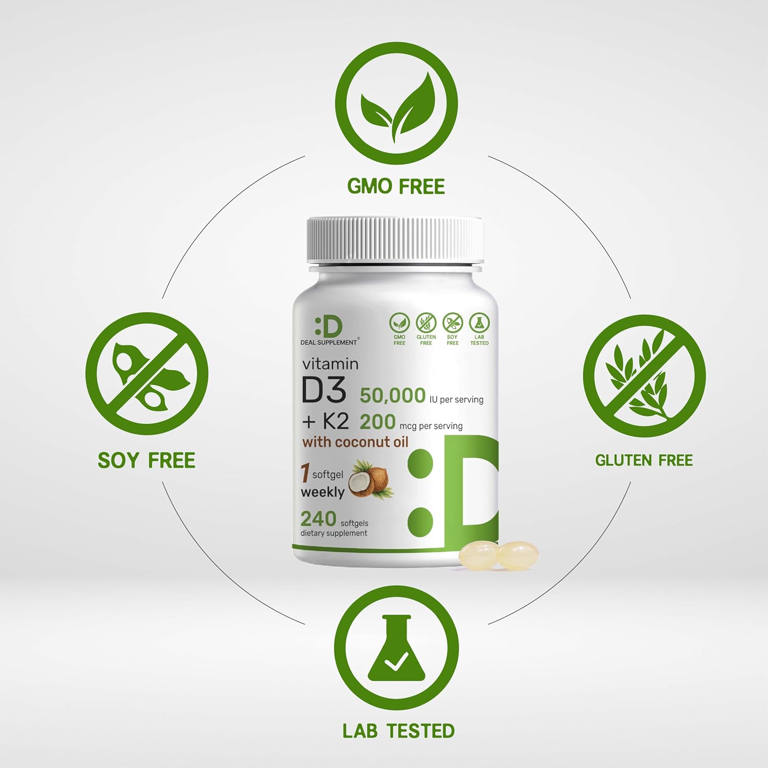 DEAL SUPPLEMENT Vitamin D3 50,000 IU + K2 MK7 Coconut Oil Bone Teeth & Immune Health 240 Softgels - Galeri