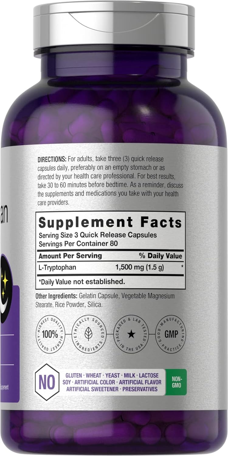 Horbäach L Tryptophan 1500mg Capsules 240 Count | Nighttime Formula | Non-GMO, Gluten Free - Galeri