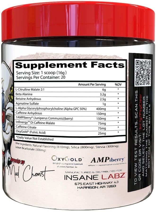 Insane Labz Psychotic Clear Fully Disclosed Clinically Dosed PreWorkout Powder Extreme Lasting Energy Focus - Galeri
