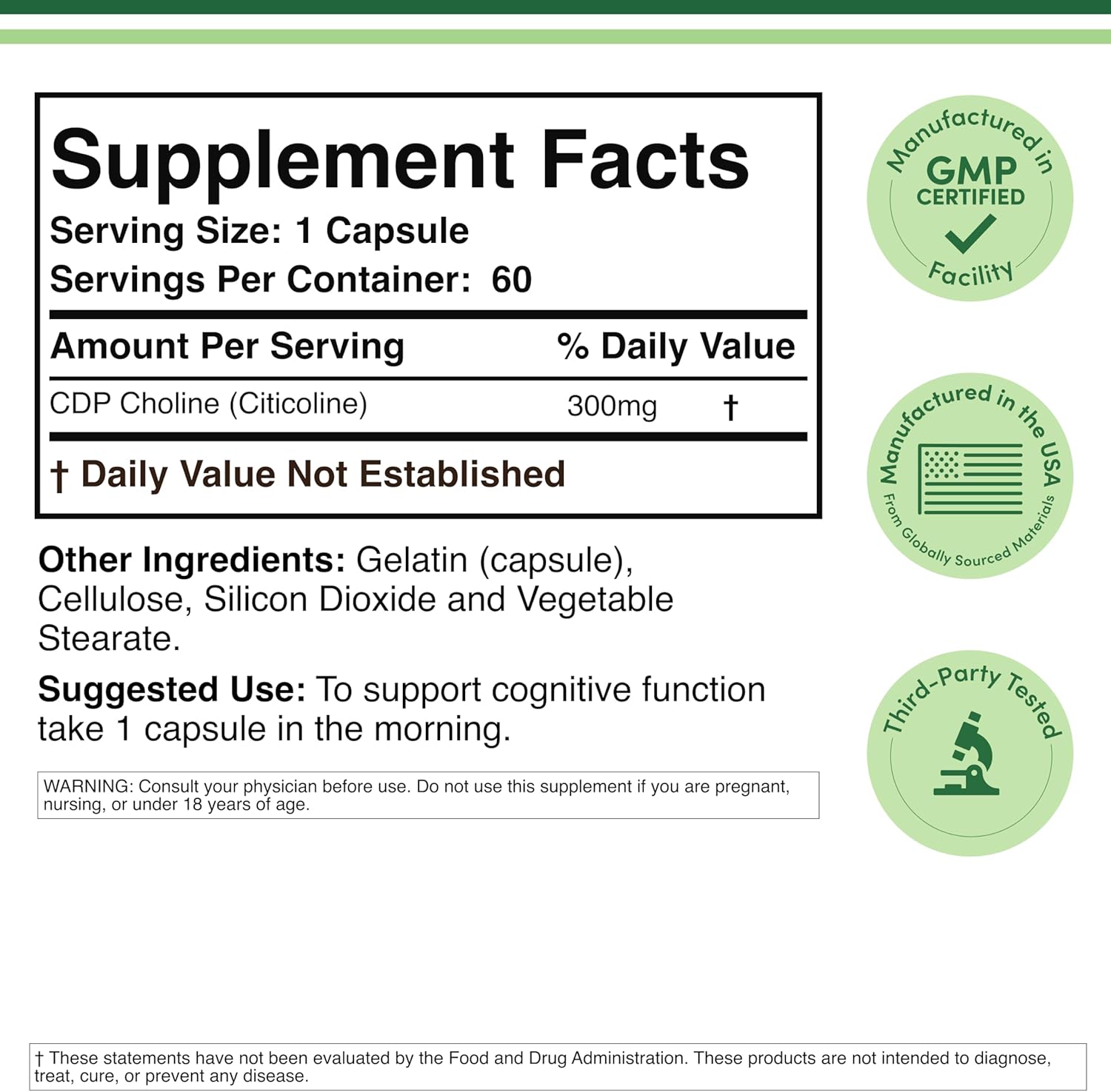 Double Wood CDP Choline (Citicoline) Pharmaceutical Grade Third Party Tested 60 Caps - Galeri