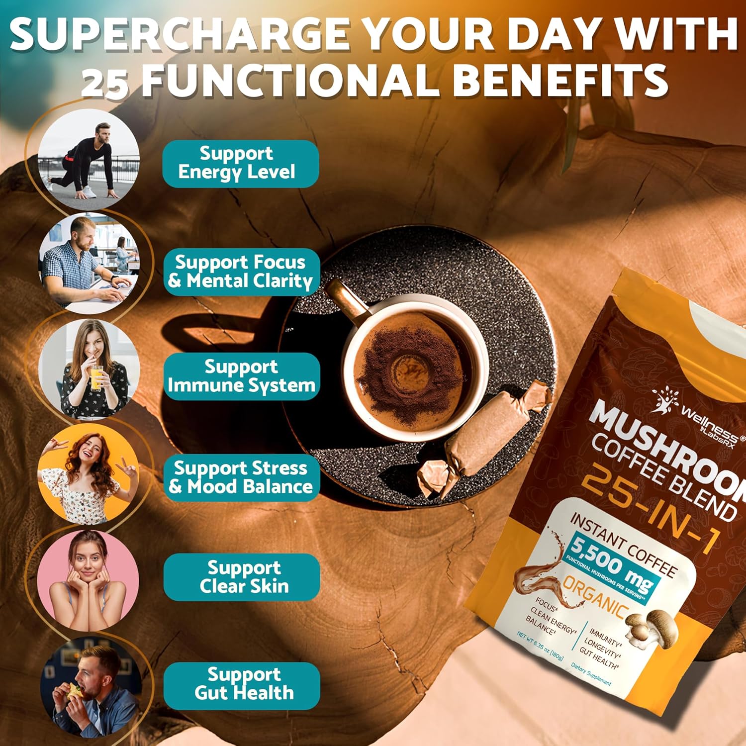 Wellness Labs Reishi Mushroom Coffee 25 in-1 Lions Mane Shiitake 90 Servings - Galeri