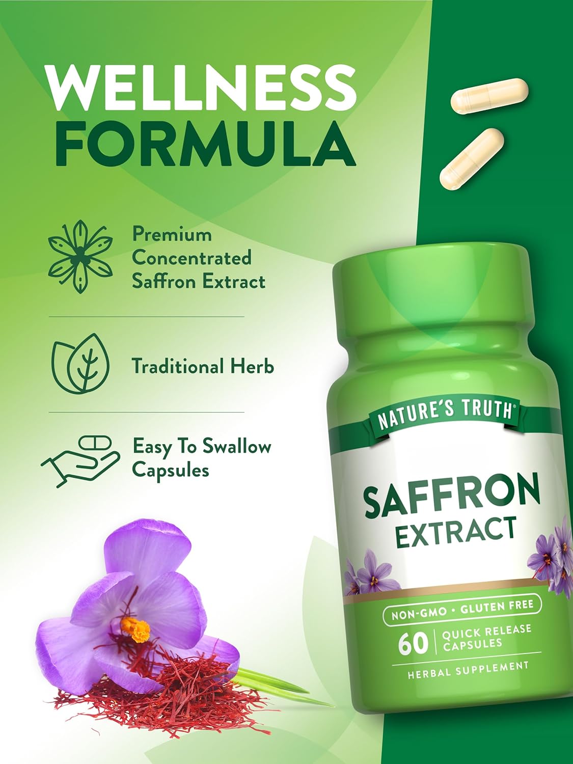 Nature's Truth Saffron Safran Extract Concentrated Extract | Non-GMO & Gluten Free 60 Caps - Galeri