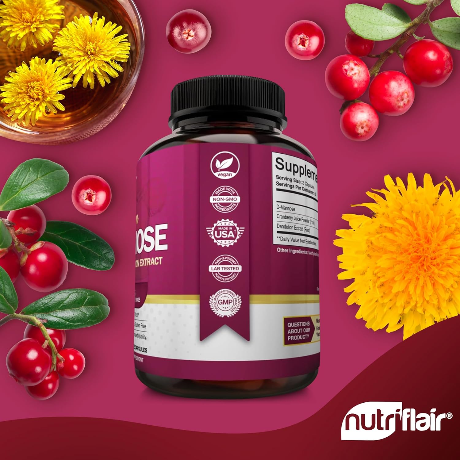 NutriFlair D-Mannose 1500mg with Cranberry and Dandelion Urinary Tract Health Detox Body 120 Caps - Galeri