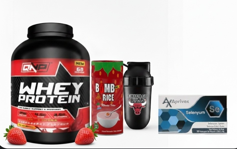 QNP NUTRITION WHEY PROTEİN ÇİLEK 2kg + Selenyum Vitamin + Rice Cream + Shaker