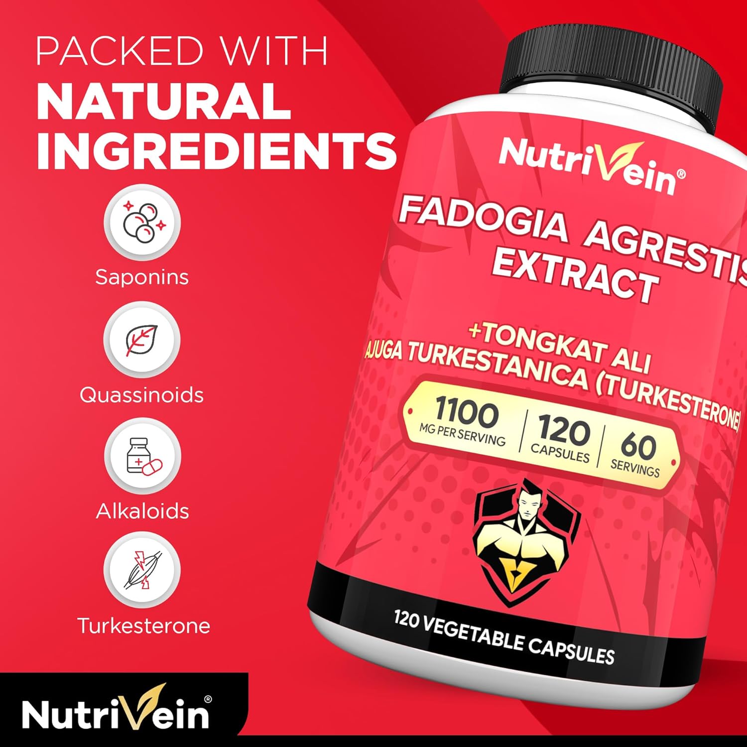 Nutrivein Premium Fadogia Agrestis and Tongkat Ali with Turkesterone - 1100 mg - 120 Caps Strength, & Recovery for Men & Women - Galeri