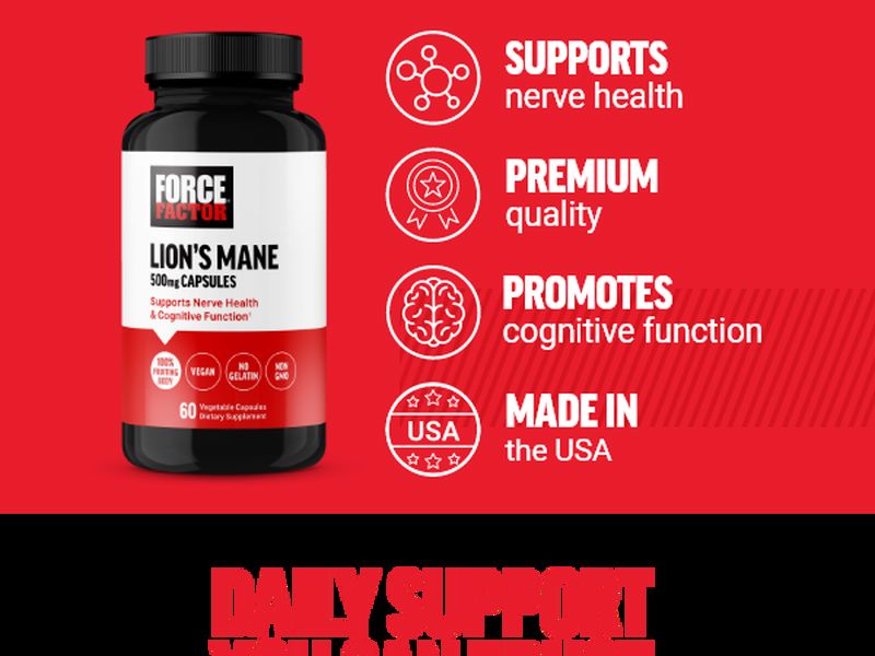 Force Factor Lion's Mane, 500 mg Aslan yelesi mantarı 60 Vegetable Vegan Caps - Galeri