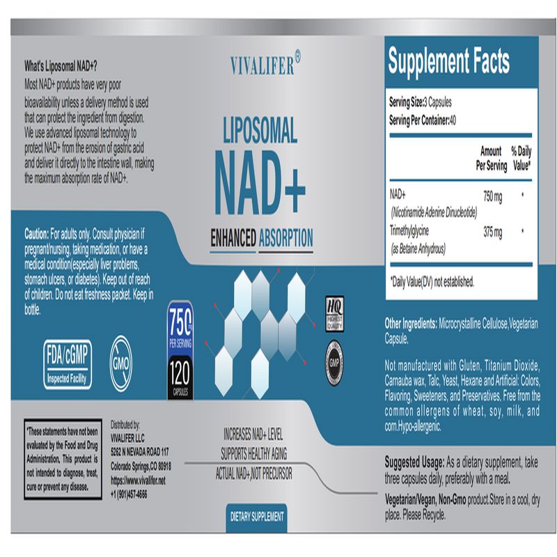 VIVALIFER Liposomal NAD+ 500mg with Trimethylglycine TMG 250 mg Anti Aging Repair Brain120 Caps - Galeri