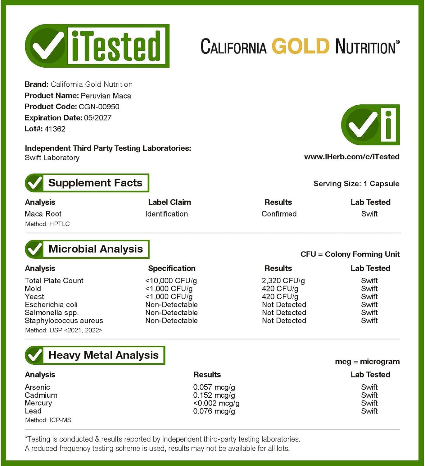 California Gold Nutrition, Peruvian Maca, 500 mg, 240 Veggie Caps - Galeri