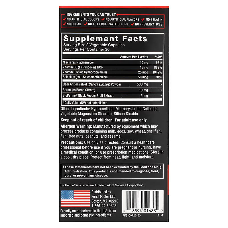 Force Factor, Deer Antler Velvet Testo (IGF-1), 60 Capsules - Galeri
