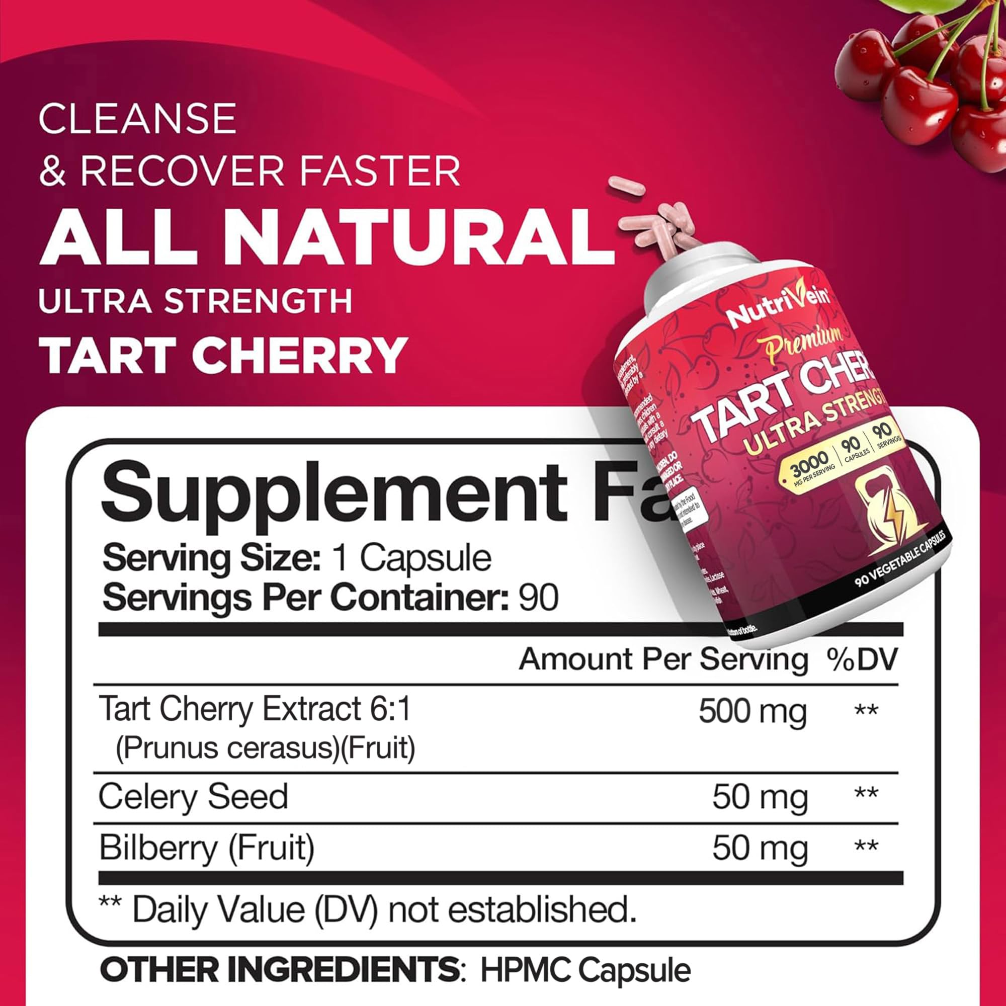 Nutrivein Tart Cherry(Tart kiraz) Recovery, Detox, Rest, & Mobility - 90 Caps - Galeri