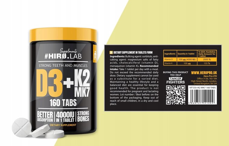 HIROLAB Vitamin D3 4000IU K2 MK7 160tabs.