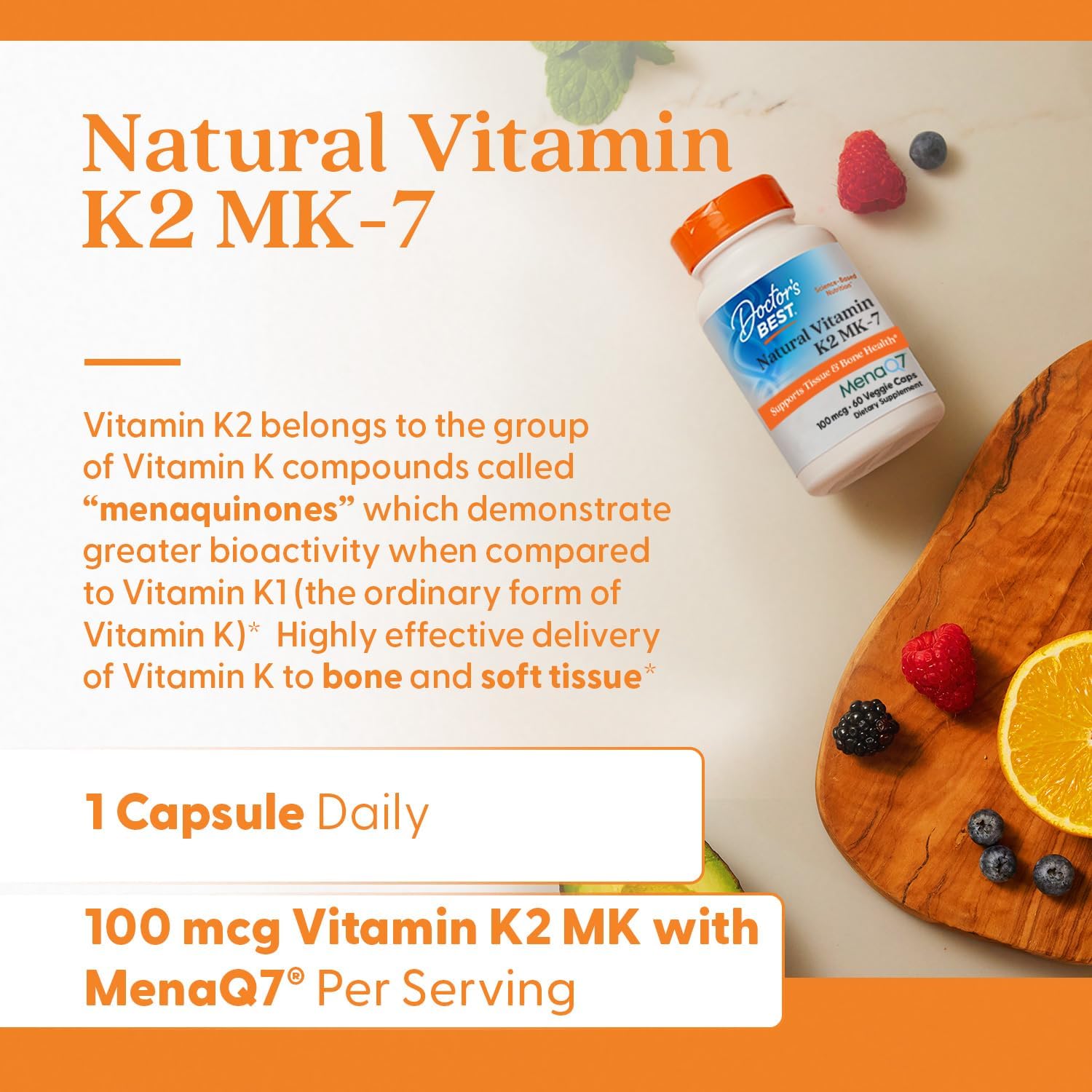 Doctor's Best Natural Vitamin K2 MK7 Men & Women - Bone Health 100 mcg MenaQ7 Calcium 60 Veg - Galeri