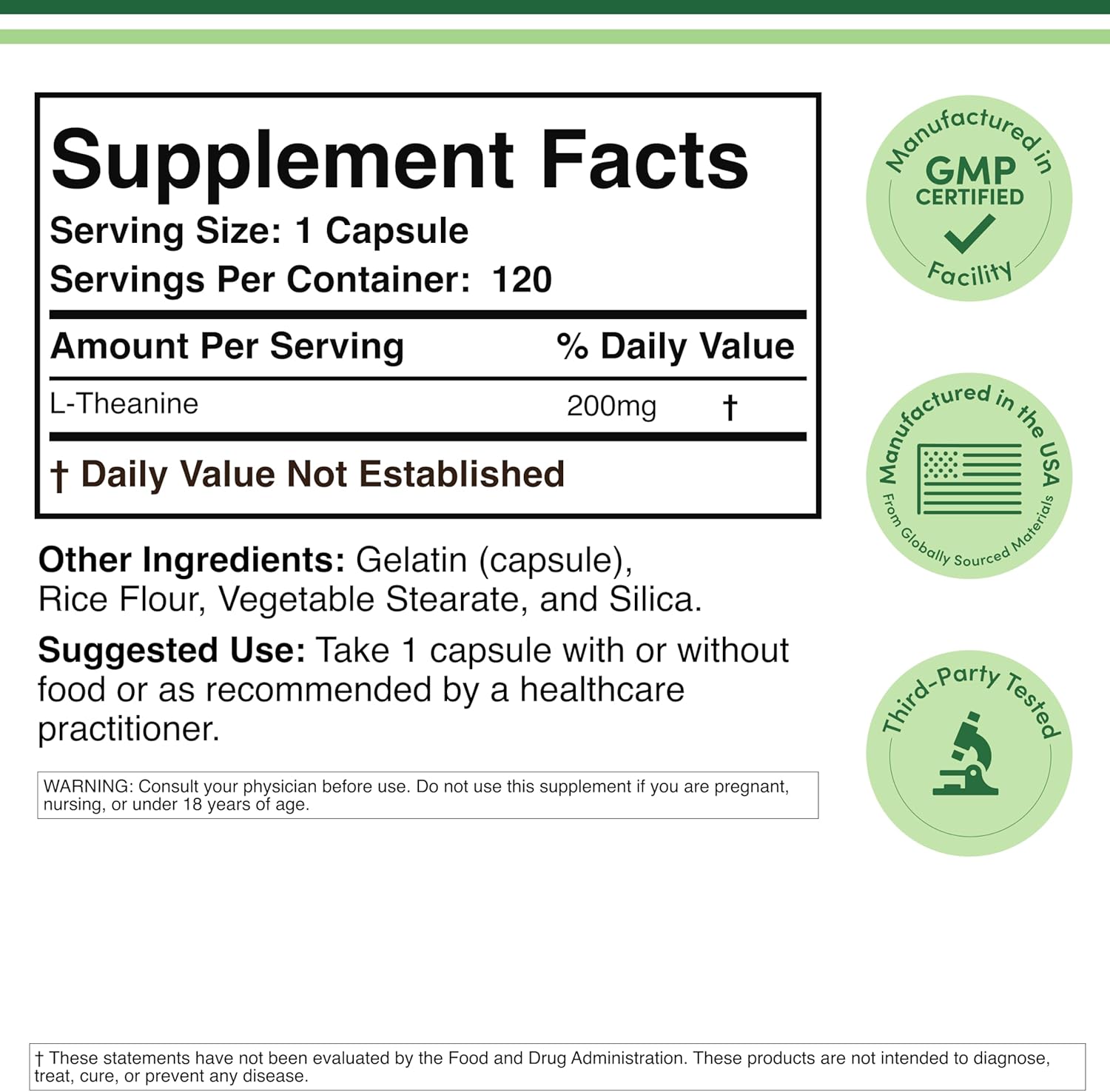 Double Wood L-Theanine 200mg 120 Capsules Synergy with Magnesium L-Threonate and Apigenin - Galeri