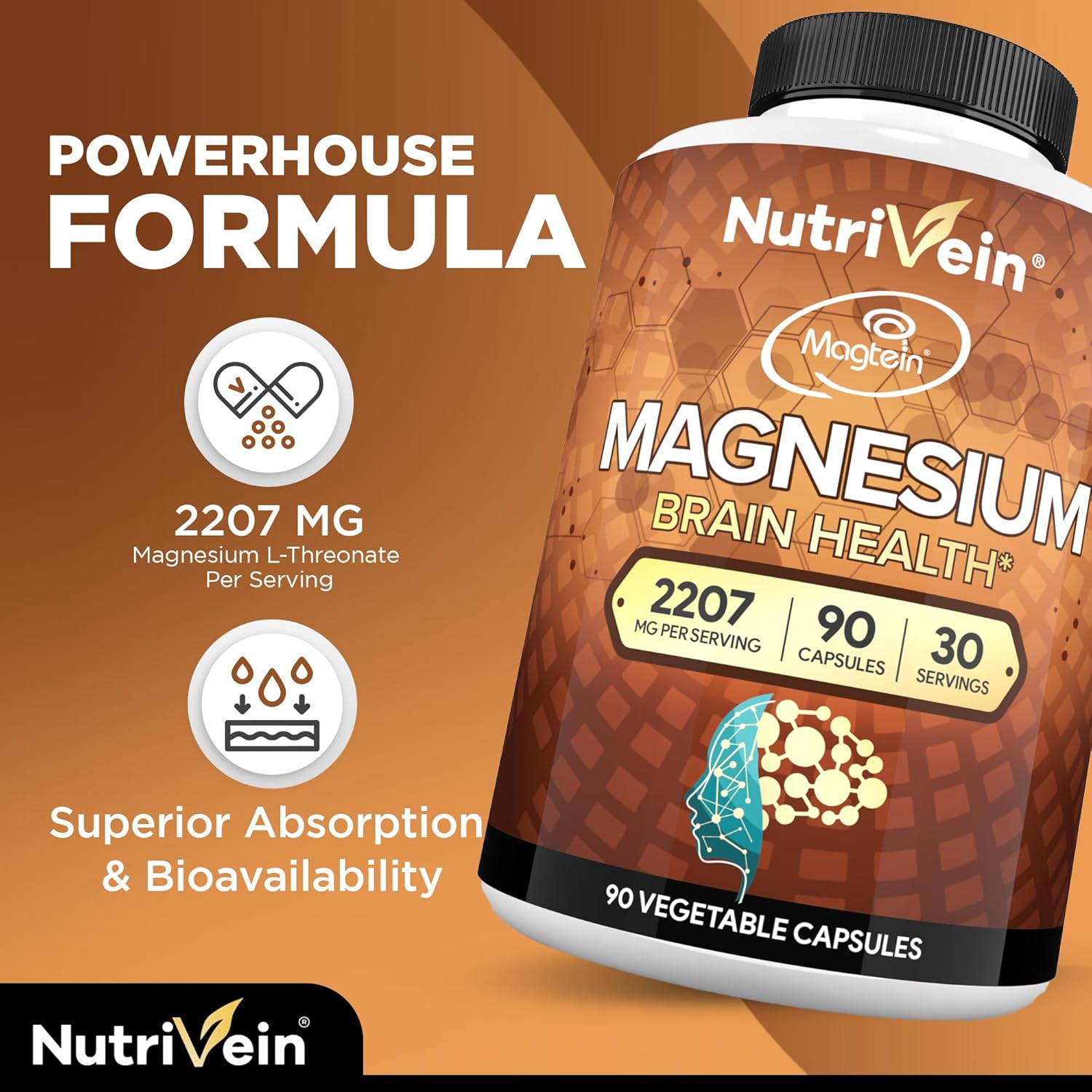 Nutrivein Magtein Magnesium L-Threonate Glycinate Taurate Brain Sleep Mood Recovery 2207 mg 90 Caps - Galeri