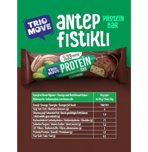 Trio Move Protein Bar 9 Adet X 50 Gr Sütlü Çikolatalı &amp; Antep Fıstıklı - Galeri