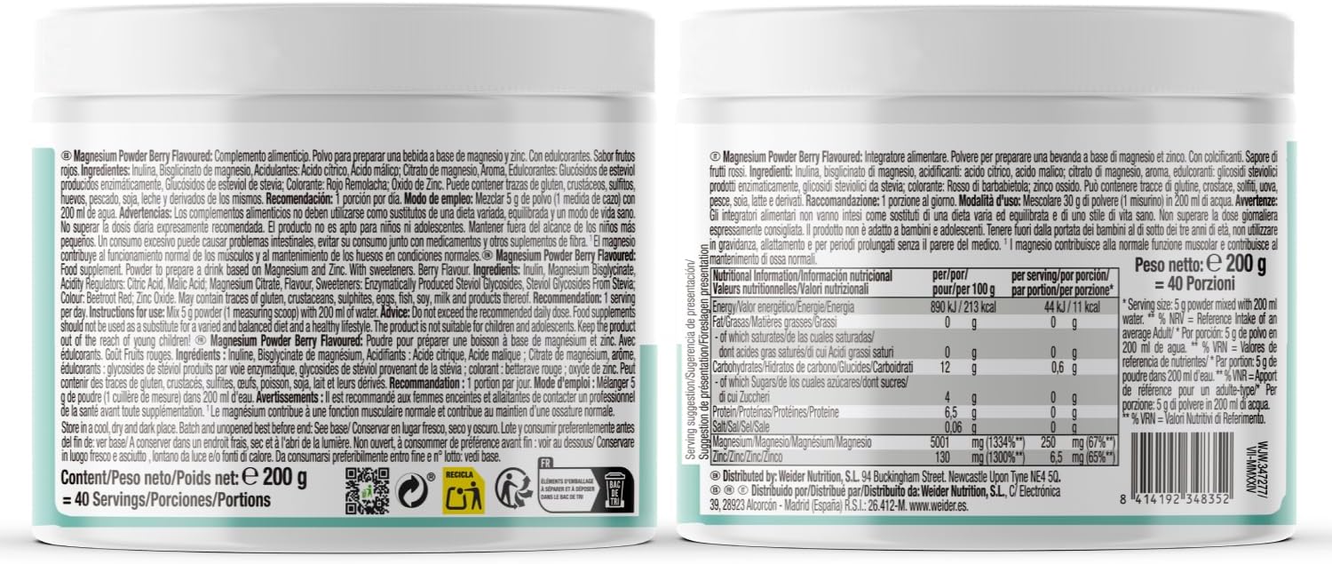Weider Magnesium Powder 200g Magnesium Bisglycinate and Citrate in Powder with Zinc - Galeri