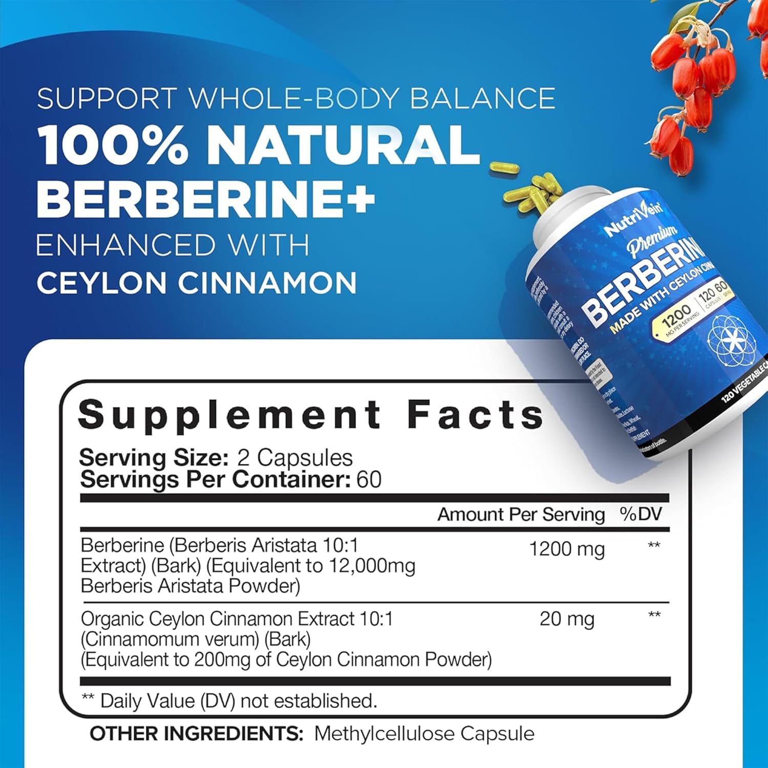 Nutrivein Premium Berberine HCL 1200 mg Ceylon Cinnamon Defenses, Digestion, & Metabolism - 120 Caps - Galeri