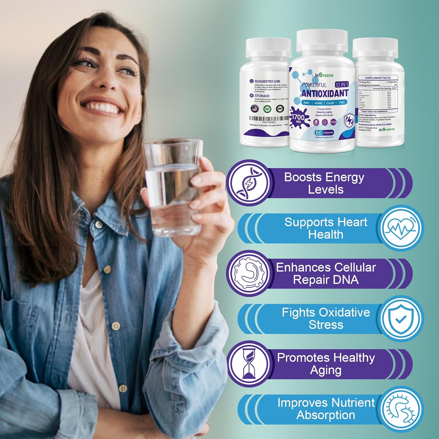 InGreens Powerful Antioxidants with NAD NMNH Coq10 Resveratrol Spermidine Glutathione 60 Caps - Galeri