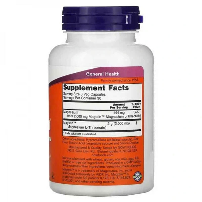 NOW Foods, Magtein®, Magnesium L-Threonate, 2,000 mg, 90 Veg Caps - Galeri