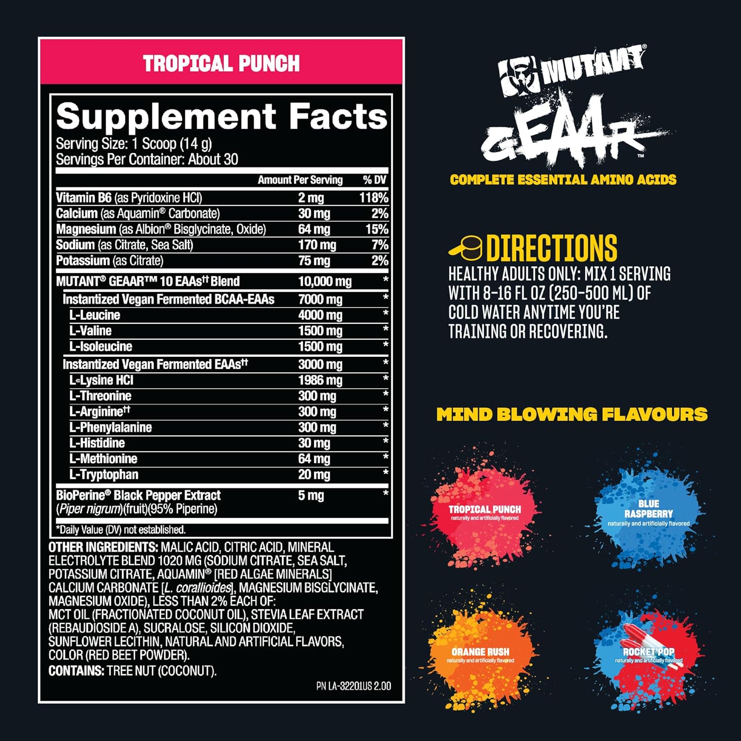 Mutant GEAAR - 9.4g of EAA Amino Powder + Arginine, 7g BCAAs, 4g Leucine, Electrolytes - Galeri