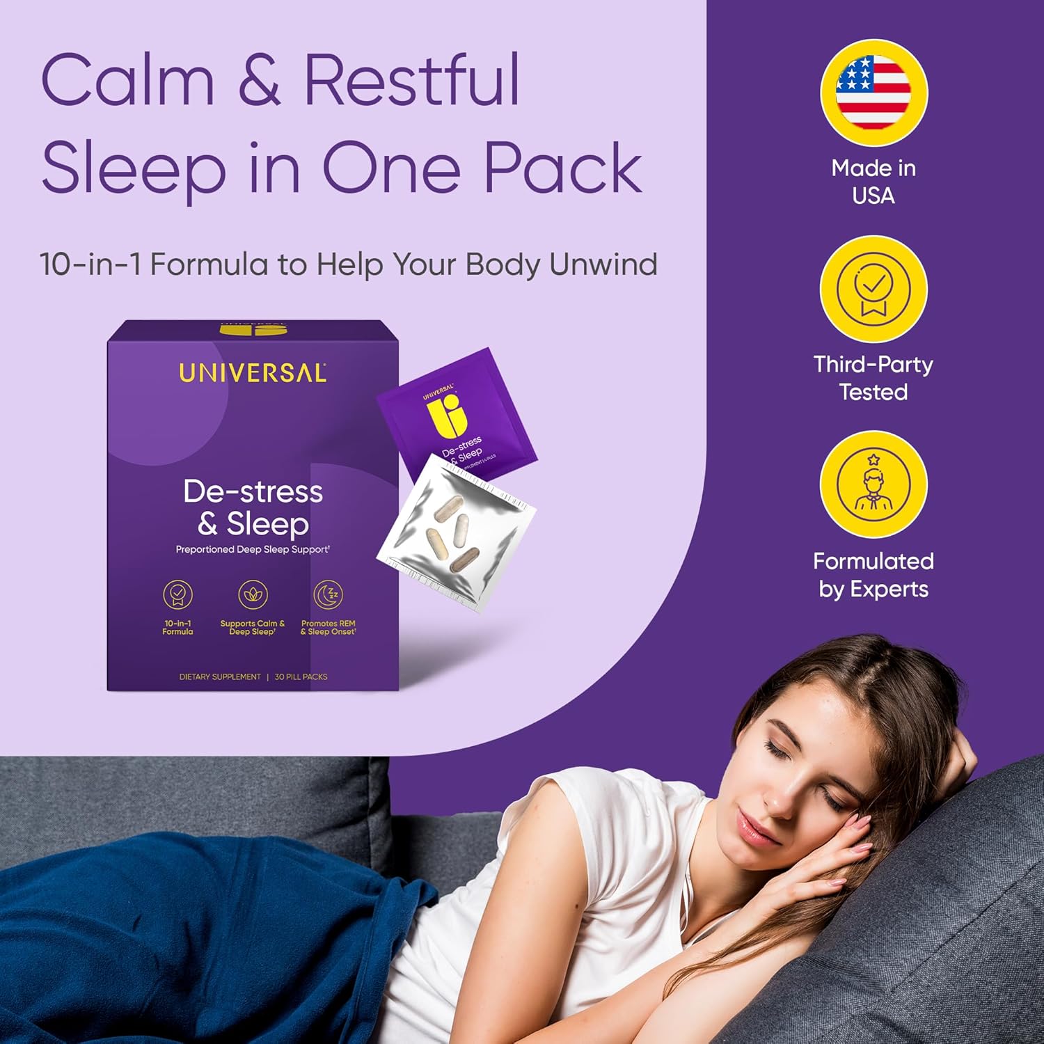 Universal U De-Stress & Sleep Multivitamin Ashwagandha & Theanine & Valerian Root & Melatonin 30 Pill Packs - Galeri