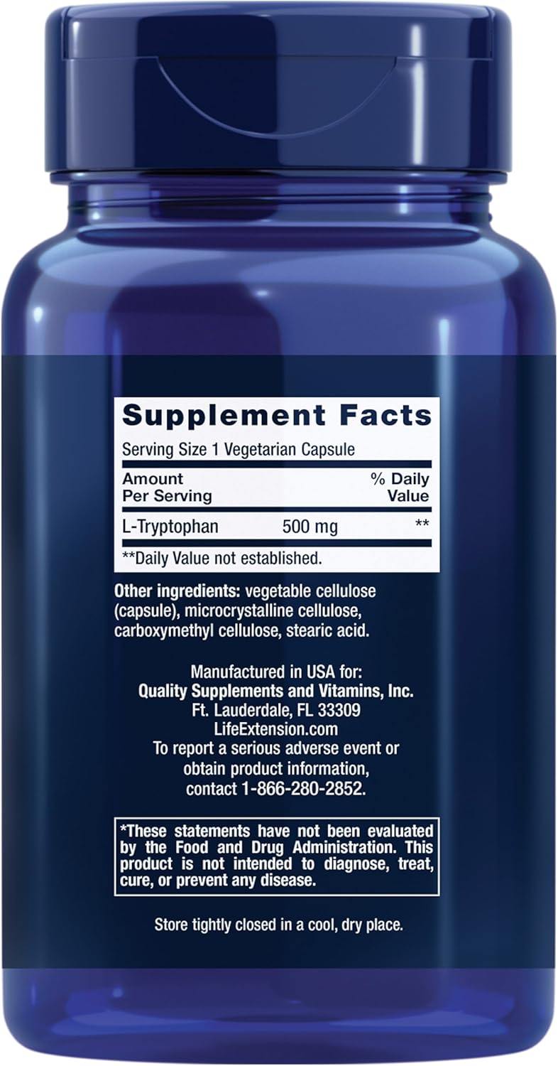 Life Extension L-Tryptophan 500 mg Serotonin Levels Sleep Mood, Stress Response 90 Vege Caps - Galeri