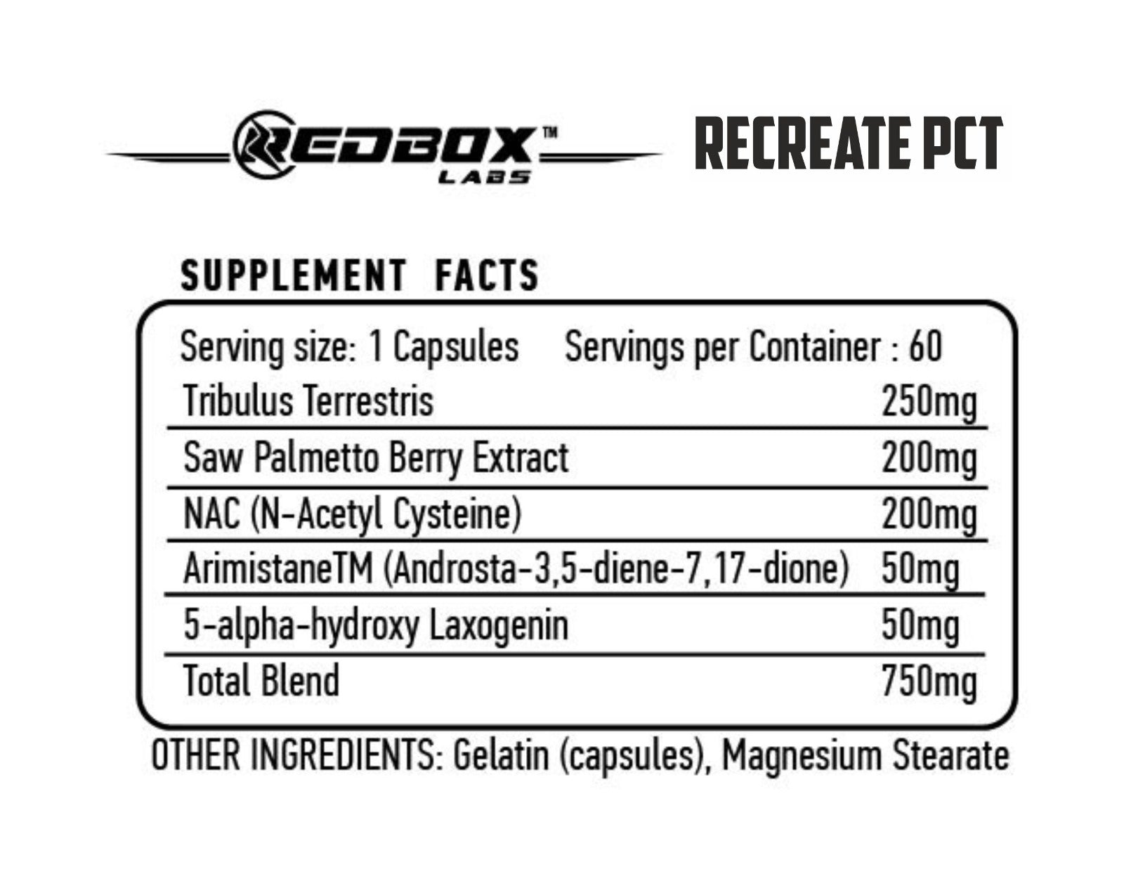 Red Box Labs Recreate PCT post cycle therapy Saw palmetto Nac Arimistane 60 Caps - Galeri