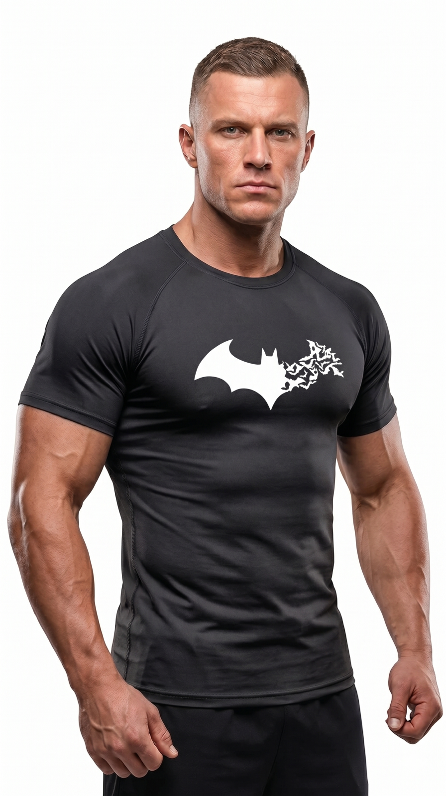 Batman Compression Dar Slim Bisiklet Yaka Tisort Kirik Siyah Unisex Genc