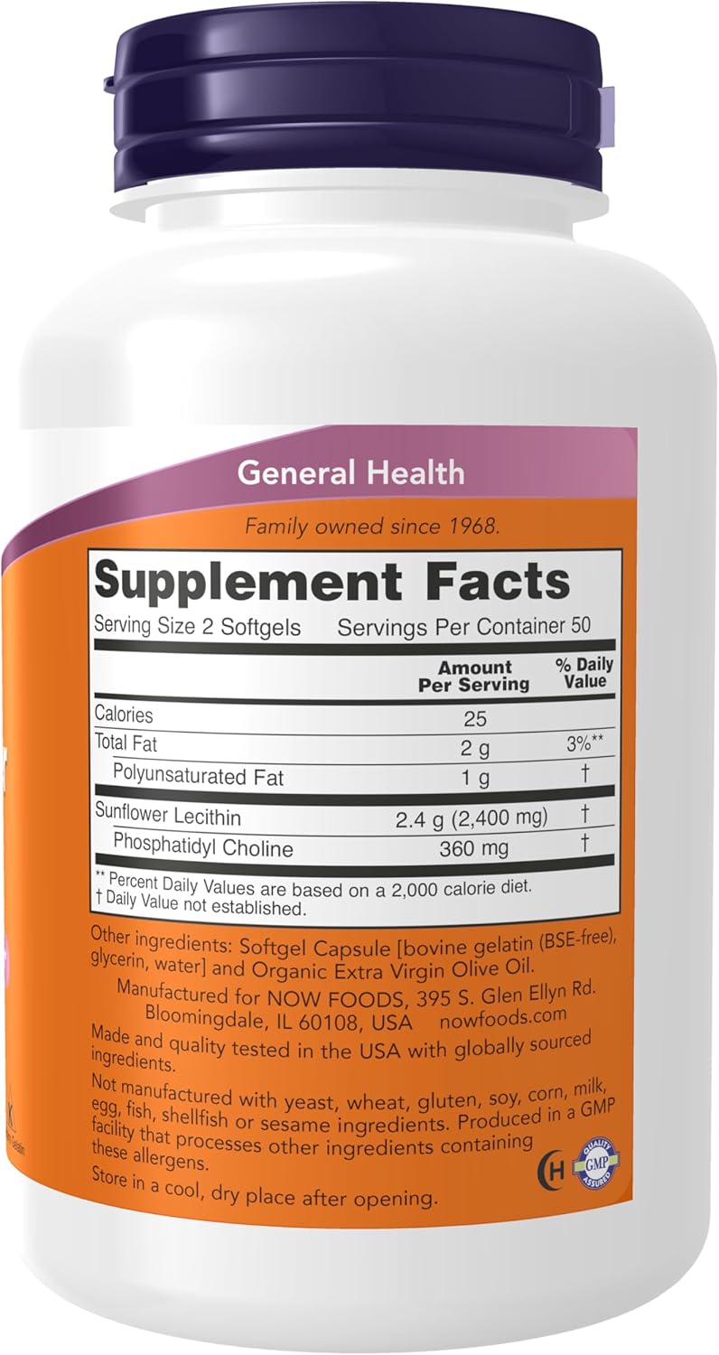 NOW Foods Sunflower Lecithin Phospholipids Choline Nervous System Support 1,200 mg, 100 Softgels - Galeri