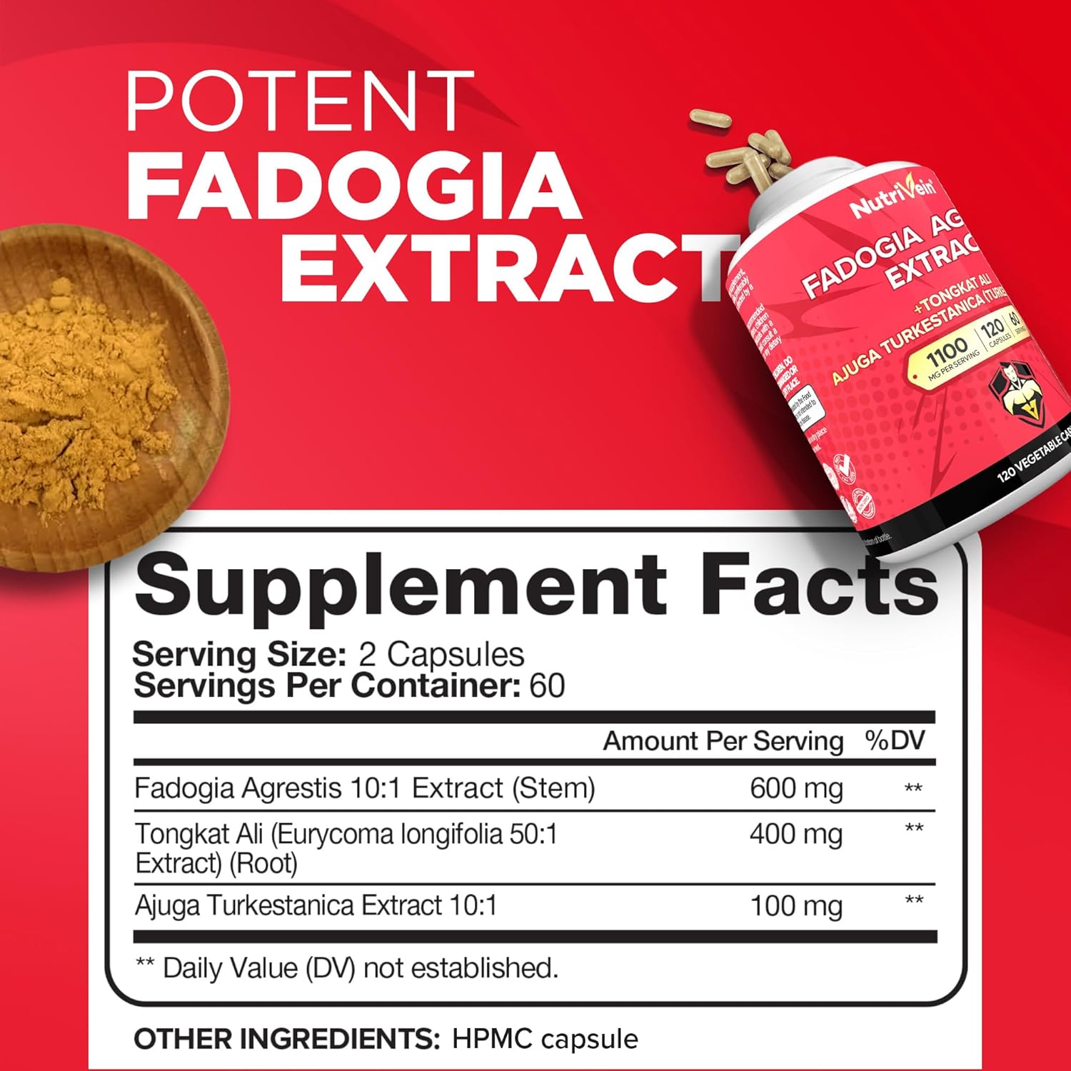 Nutrivein Premium Fadogia Agrestis and Tongkat Ali with Turkesterone - 1100 mg - 120 Caps Strength, & Recovery for Men & Women - Galeri