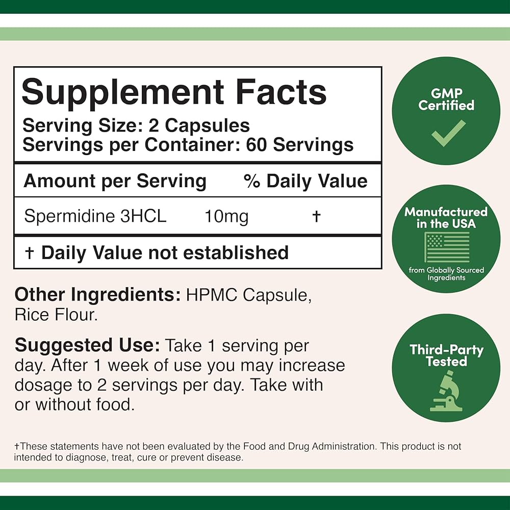 DOUBLE WOOD Spermidine 3HCL Over 100x More Potent Than Wheat Germ Extract for Cell Membrane, Telomere Health and Aging - Galeri