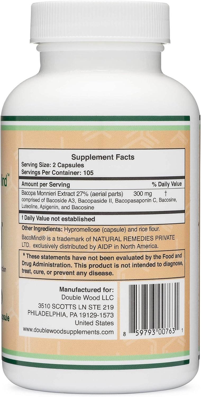 Double Wood BacoMind  210 Vegan Capsules, Promotes Learning and Memory, Reduces Anxiety - Galeri