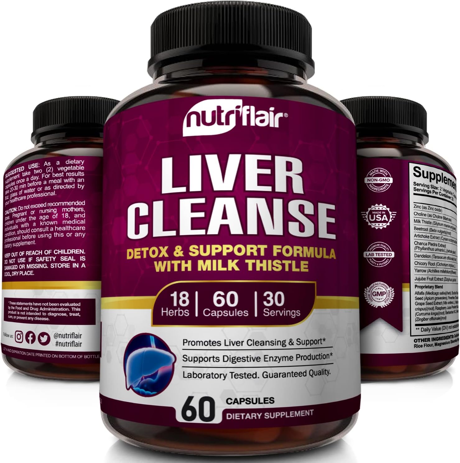 NutriFlair Liver Cleanse Detox Milk Thistle Artichoke Detox Regenerator Zinc Choline 60 Veggie Caps - Galeri