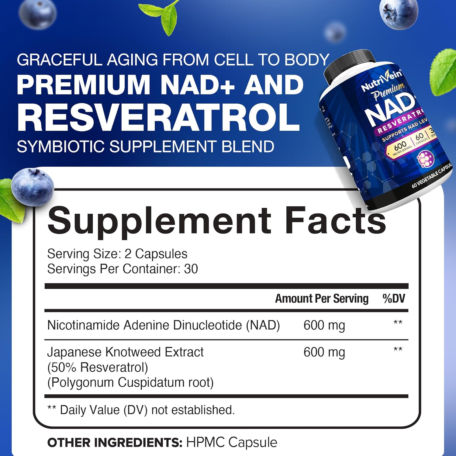 Nutrivein Premium NAD + Resveratrol 600 mg Aging Cognition Metabolism Overall Well-Being 60 Caps - Galeri