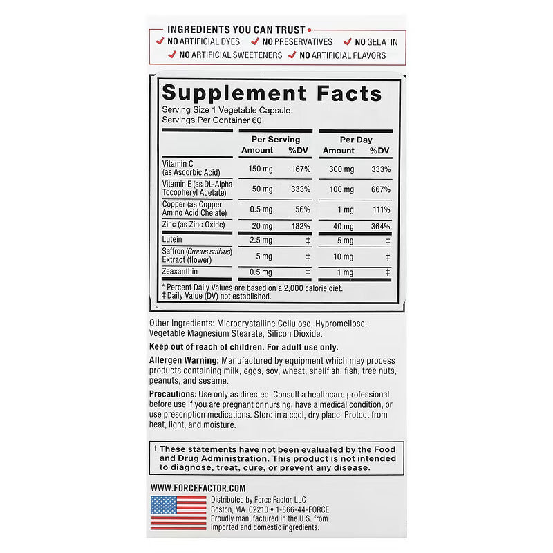 Force Factor Eye Health Lutein Zeaxanthin Saffron Copper 60 Vegetable Caps - Galeri