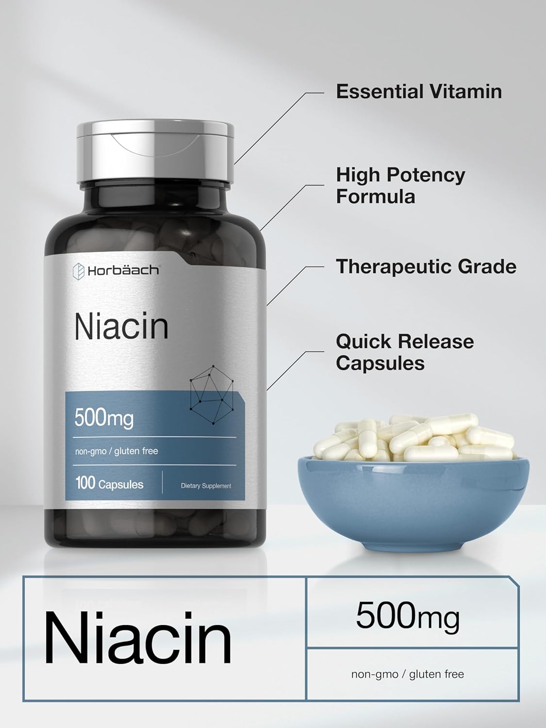 Horbäach Niacin with Flushing Vitamin B3 500mg 100 Caps - Galeri