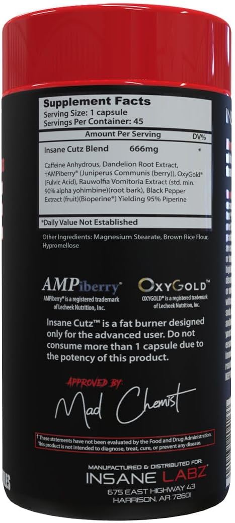 Insane Labz Insane Cutz Intense Cuts Fat Burner Men Women Thermogenic Weight Loss Appetite 45 Caps - Galeri