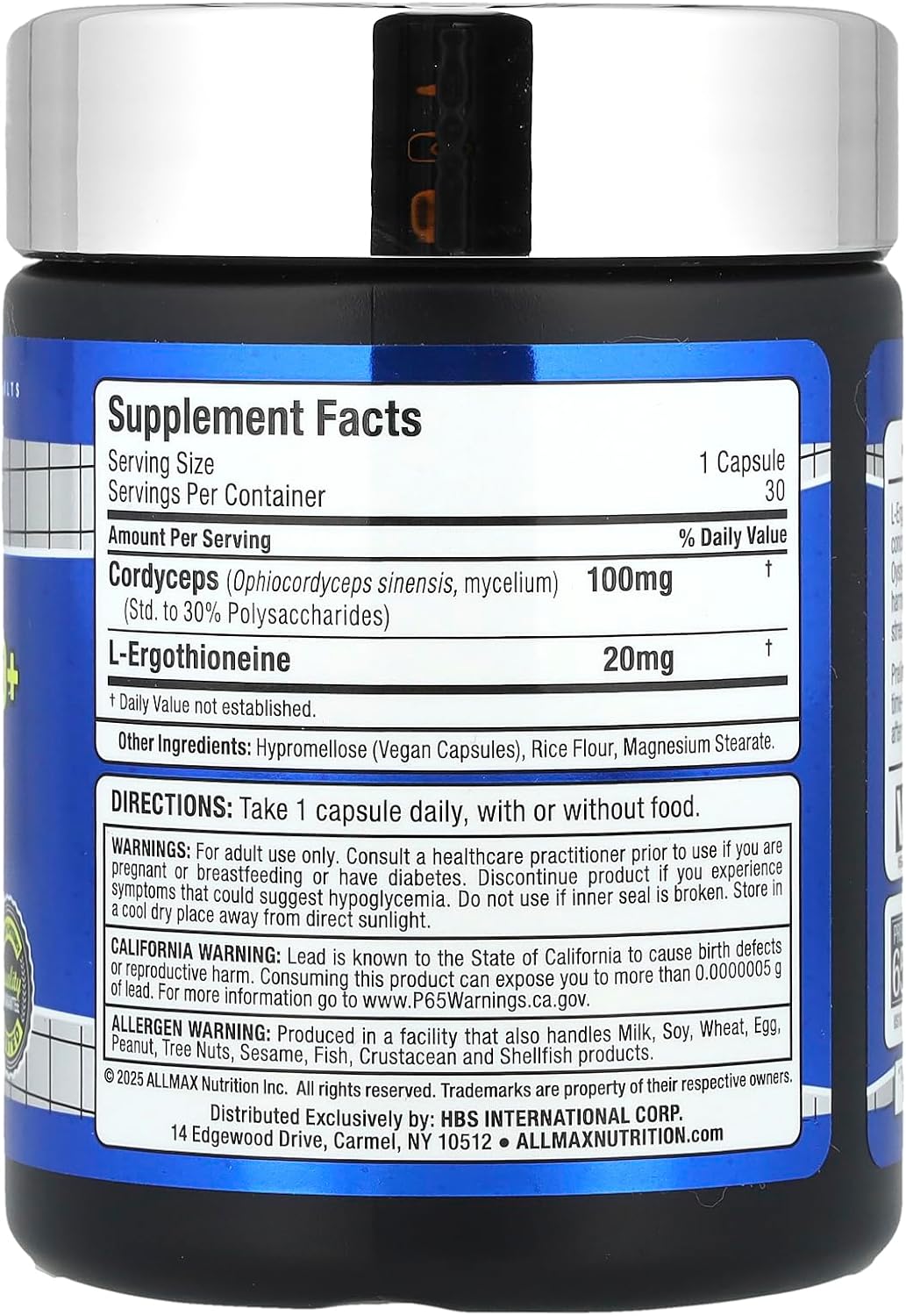 ALLMAX EGT20+ L-Ergothioneine Cordyceps  30 Vegan Caps - Galeri
