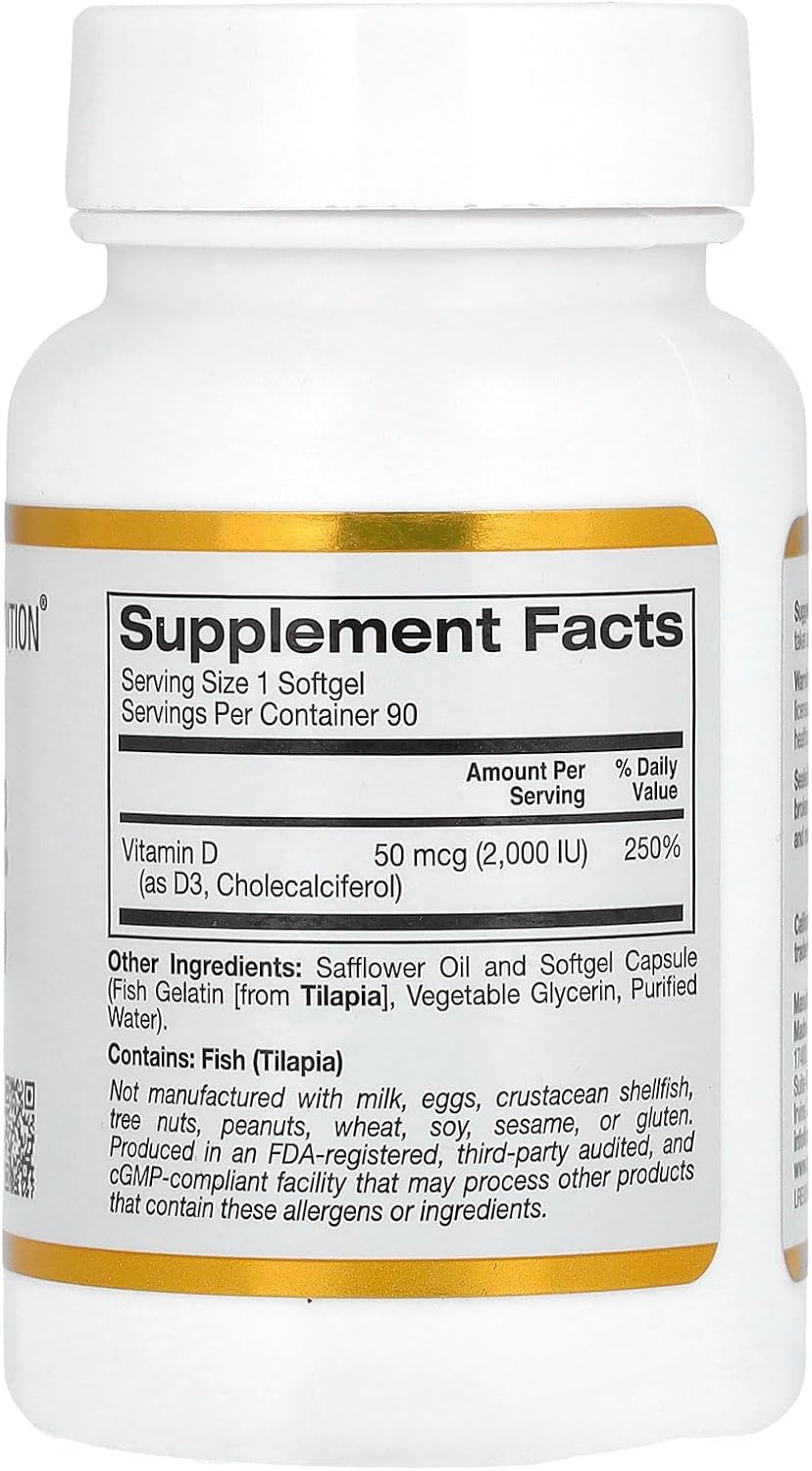 California Gold Nutrition Vitamin D3, 50 mcg (2,000 IU), 90 Fish Gelatin Softgels - Galeri