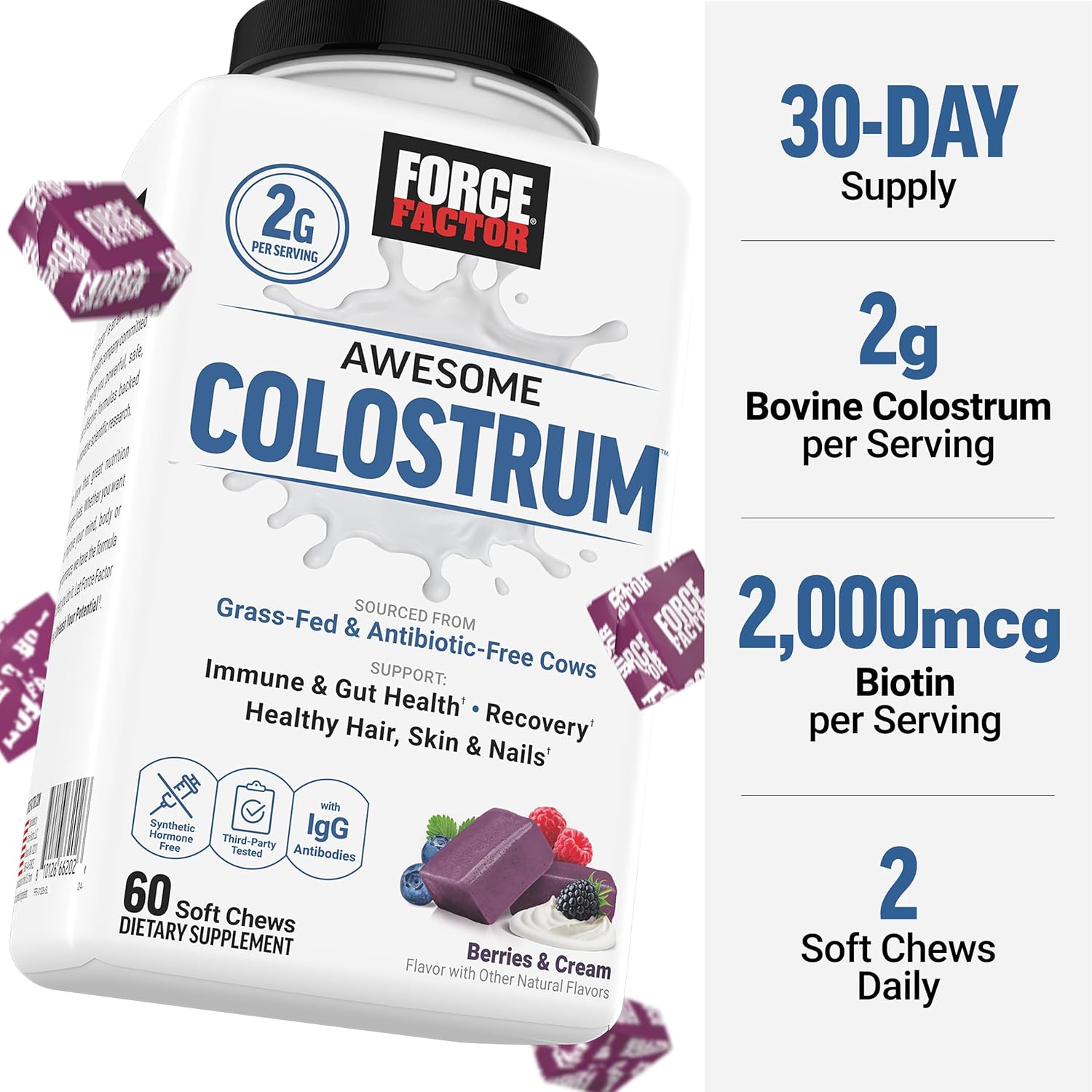 FORCE FACTOR Awesome Colostrum Biotin Grass-Fed Gut Immune Health Recovery Hair Skin & Nails Bovine Colostrum 60 Soft Chews - Galeri