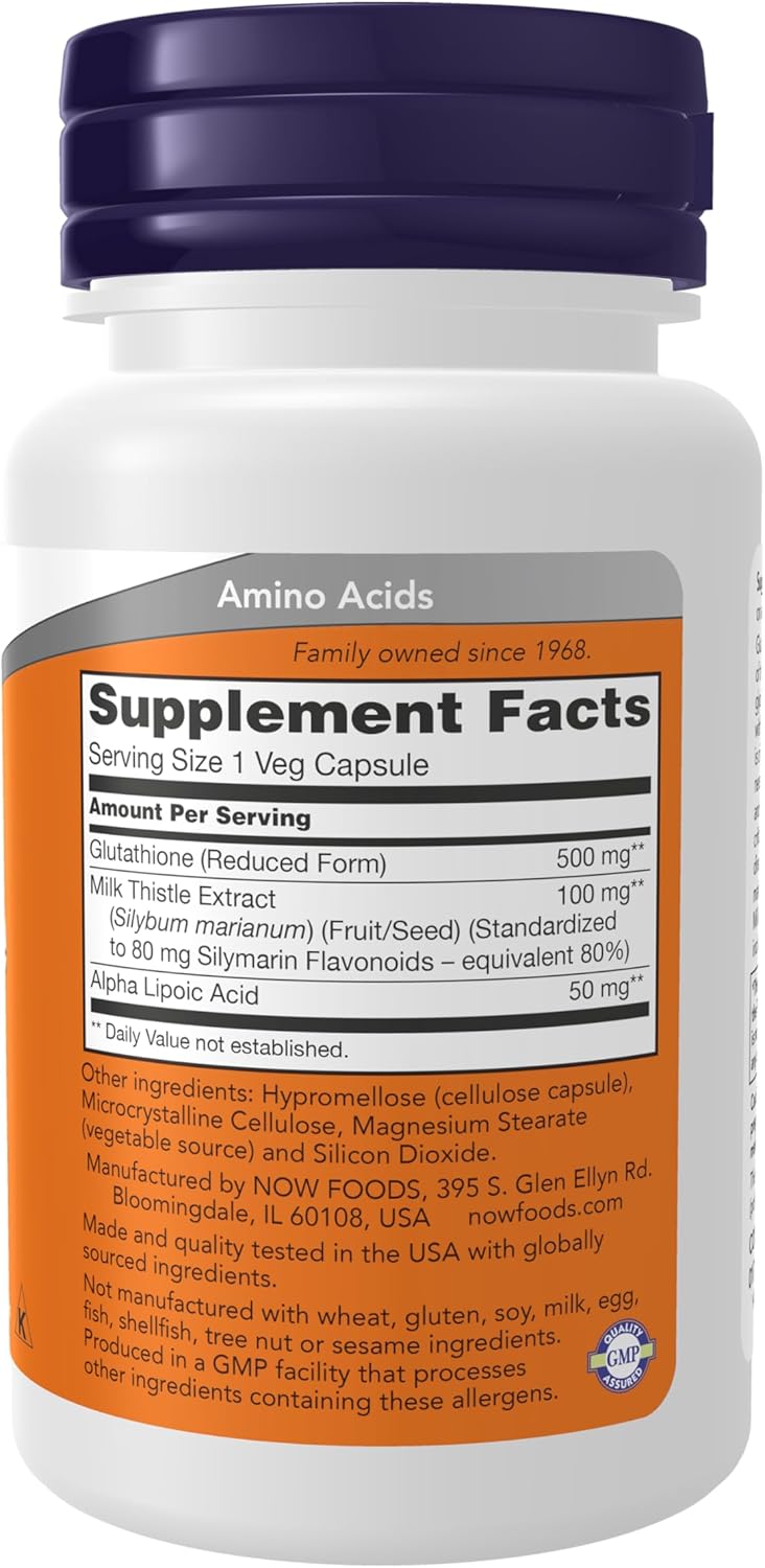 NOW Foods Glutathione 500 mg With Milk Thistle Extract & Alpha Lipoic Acid Detox Free Radical Neutralizer 30 Veg Caps - Galeri