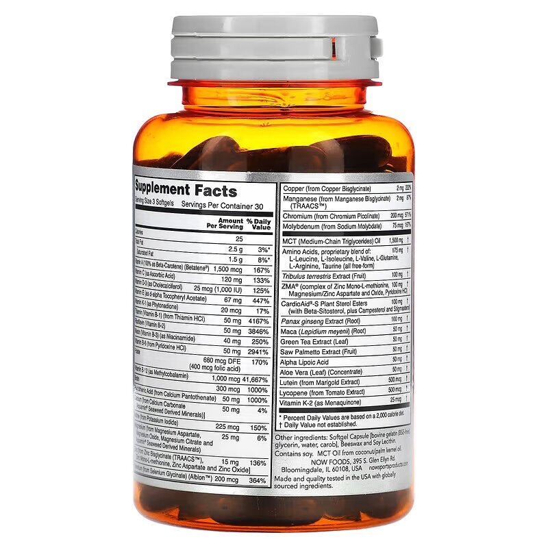 NOW Foods, Sports, Men's Active Sports Multi Vitamin+Tribulus+Maca+Panax+Zma+MCT 90 Softgels - Galeri