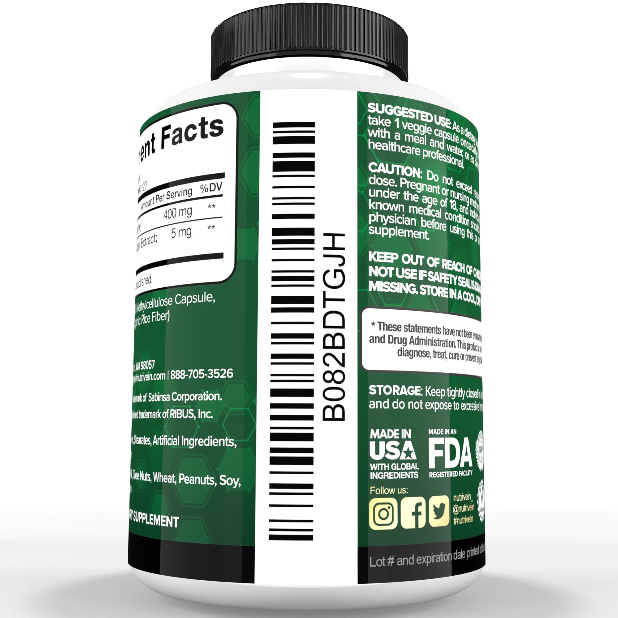 Nutrivein DIM Supplement 400mg Diindolylmethane Plus Bioperine - 120 Caps - Galeri